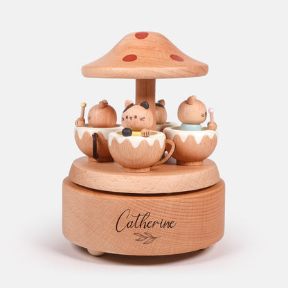 Personalized Wooden Music Box - The Merry-go-round Kitties