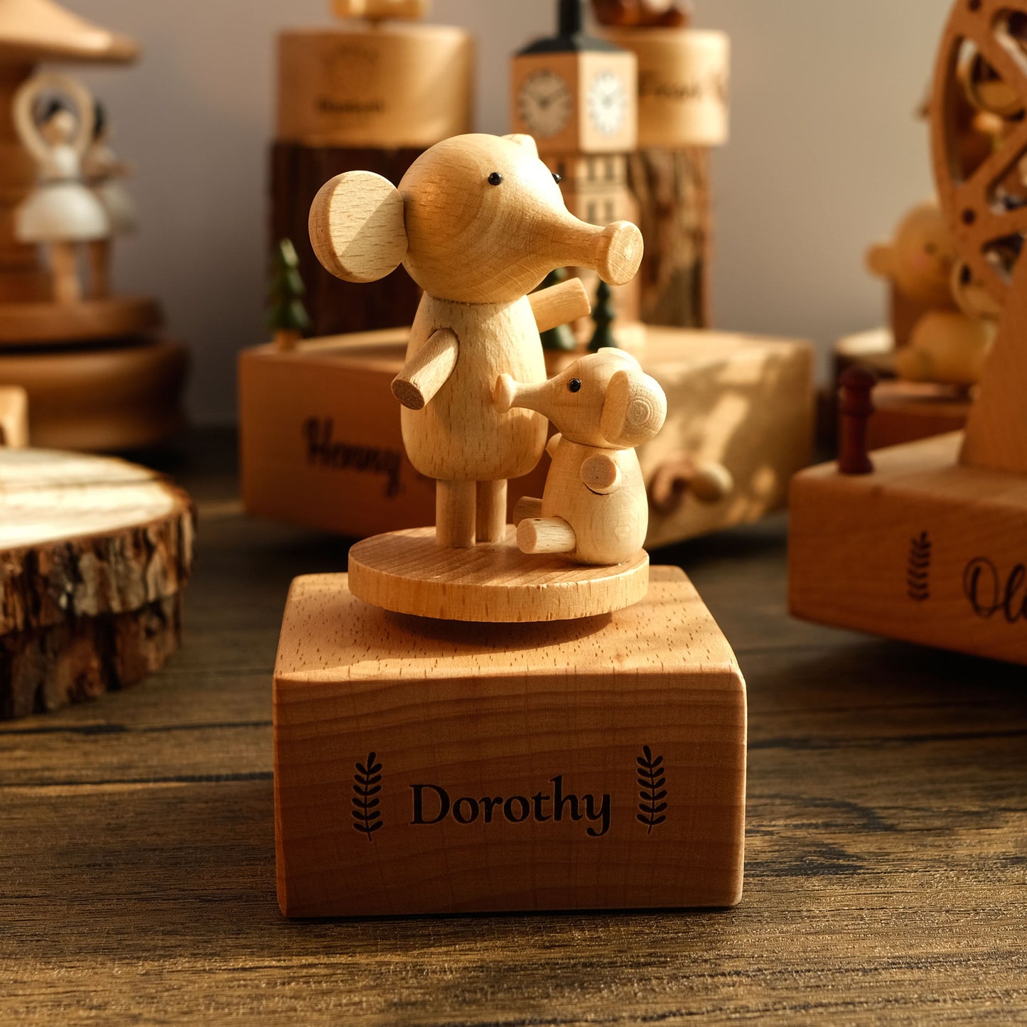 Personalized Wooden Music Box - Elephants